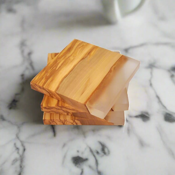 Olive Wood Coasters with Clear Resin Edge - Set of 4