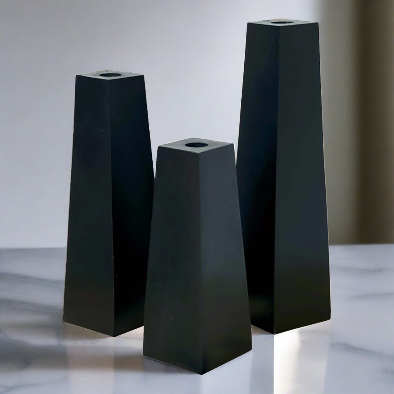Set Of Three Black Wooden Candle Holders