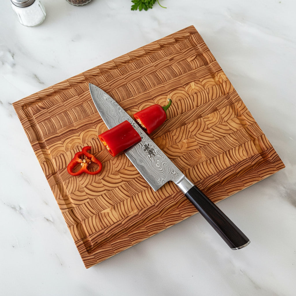 Wooden cutting board with a wavy grain pattern on a white marble surface