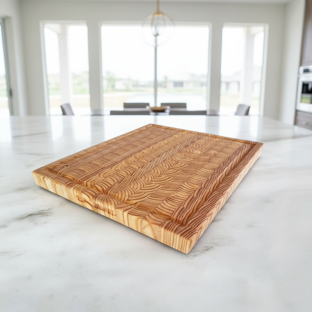 An end grain cutting board made of larch wood, placed on a marble surface.