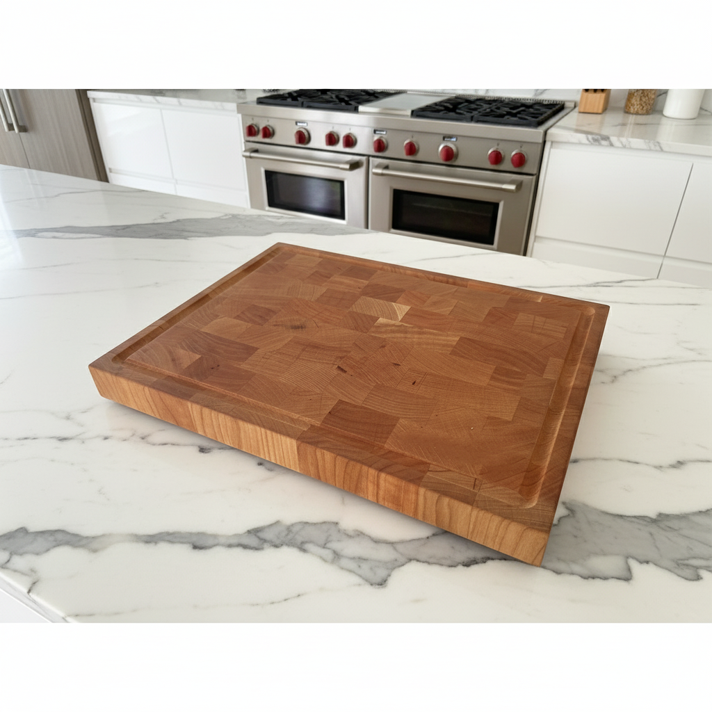 Wooden cutting board on a marble kitchen counter with stainless steel appliances in the background.