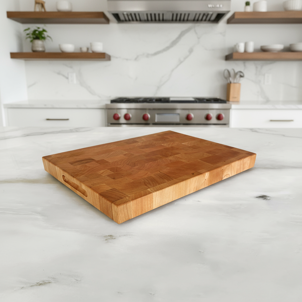 Cherry Wooden cutting board on a marble surface