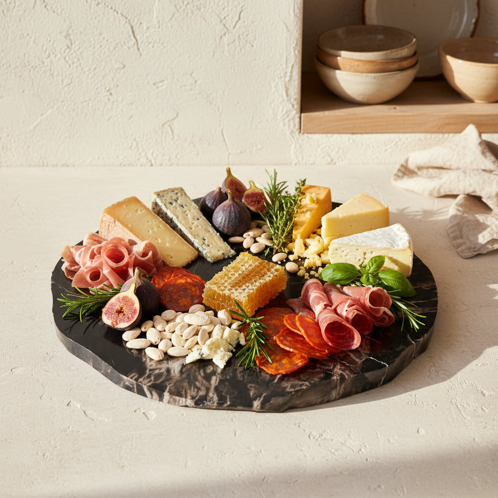 A charcuterie board on a marble countertop
