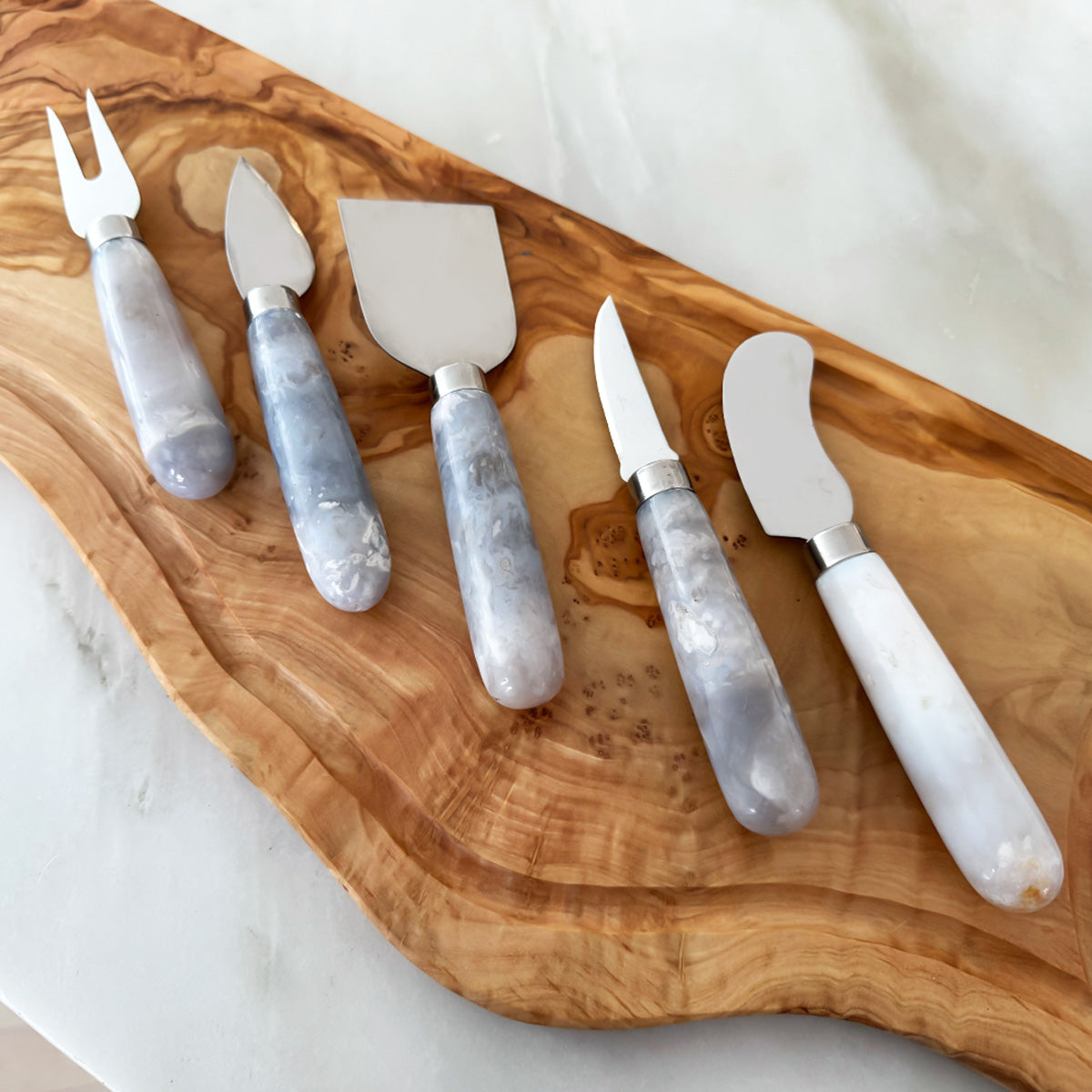 Set Of Five Petrified Wood Cheese Knives