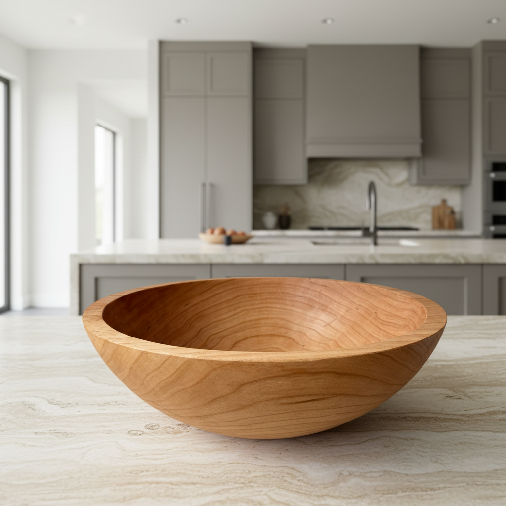 A round wooden bowl with a smooth, polished finish and visible wood grain, resting on a light stone surface against a neutral gray wall.