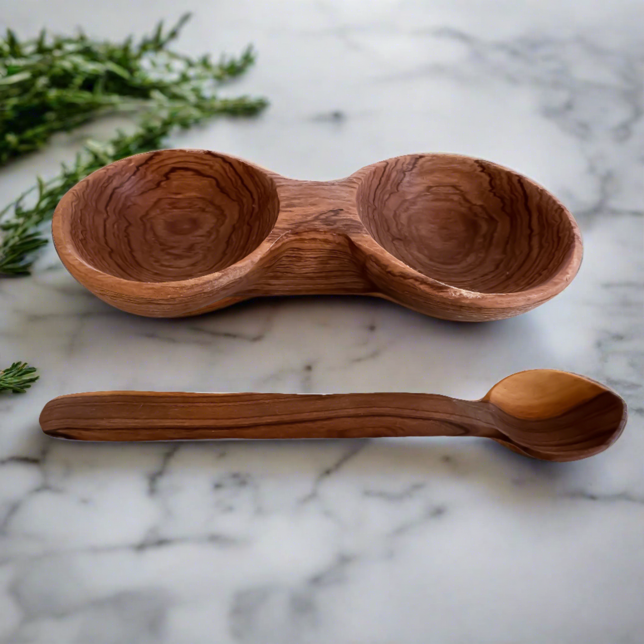 Large Olive Wood Double Spice Bowl + Spoon