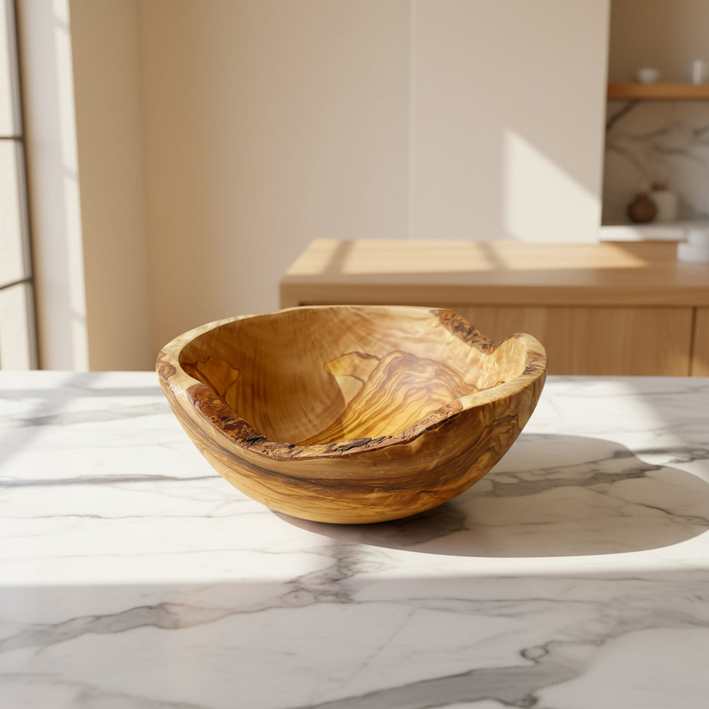 Wooden bowl with natural grain pattern on a light background