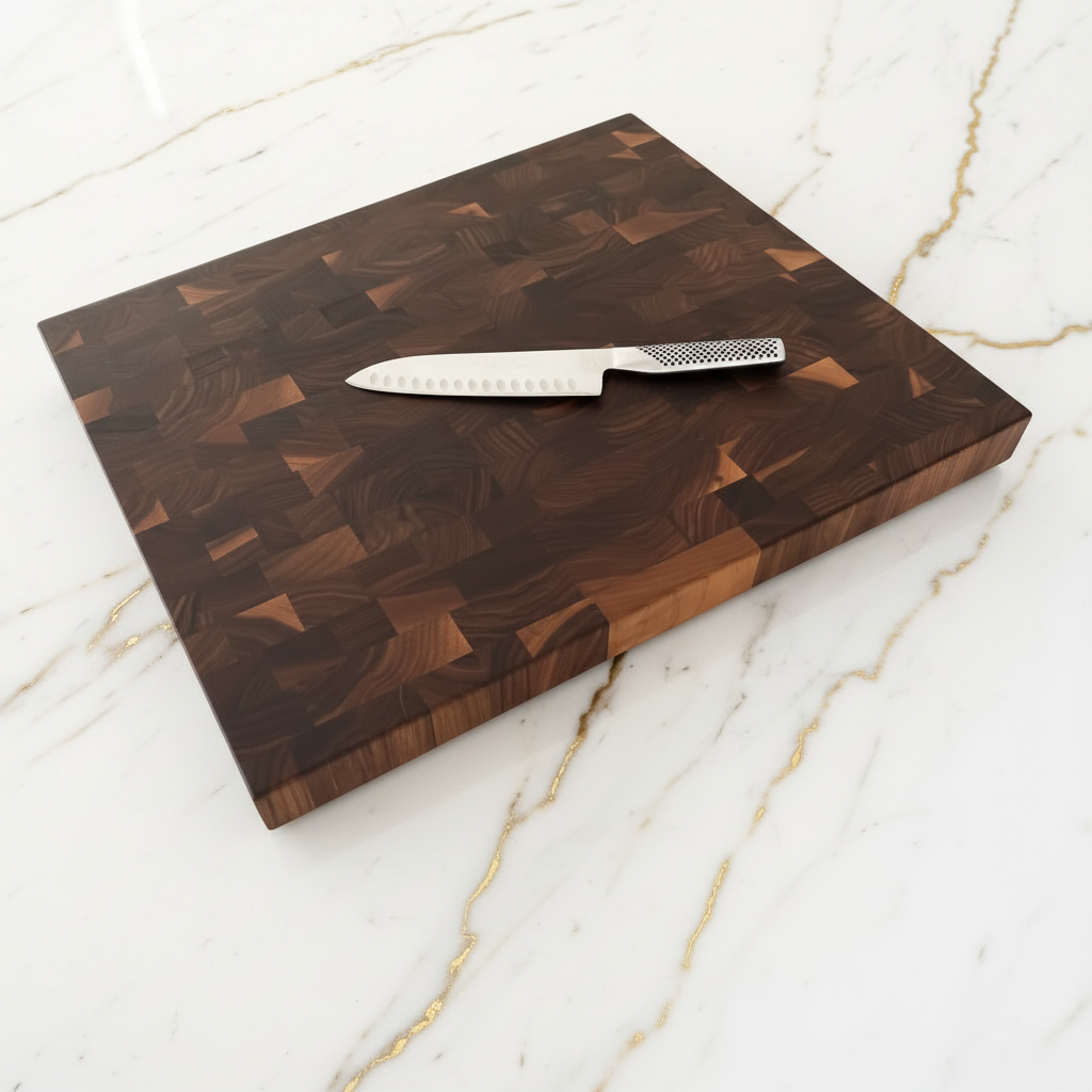 Walnut cutting board with a knife on a white background