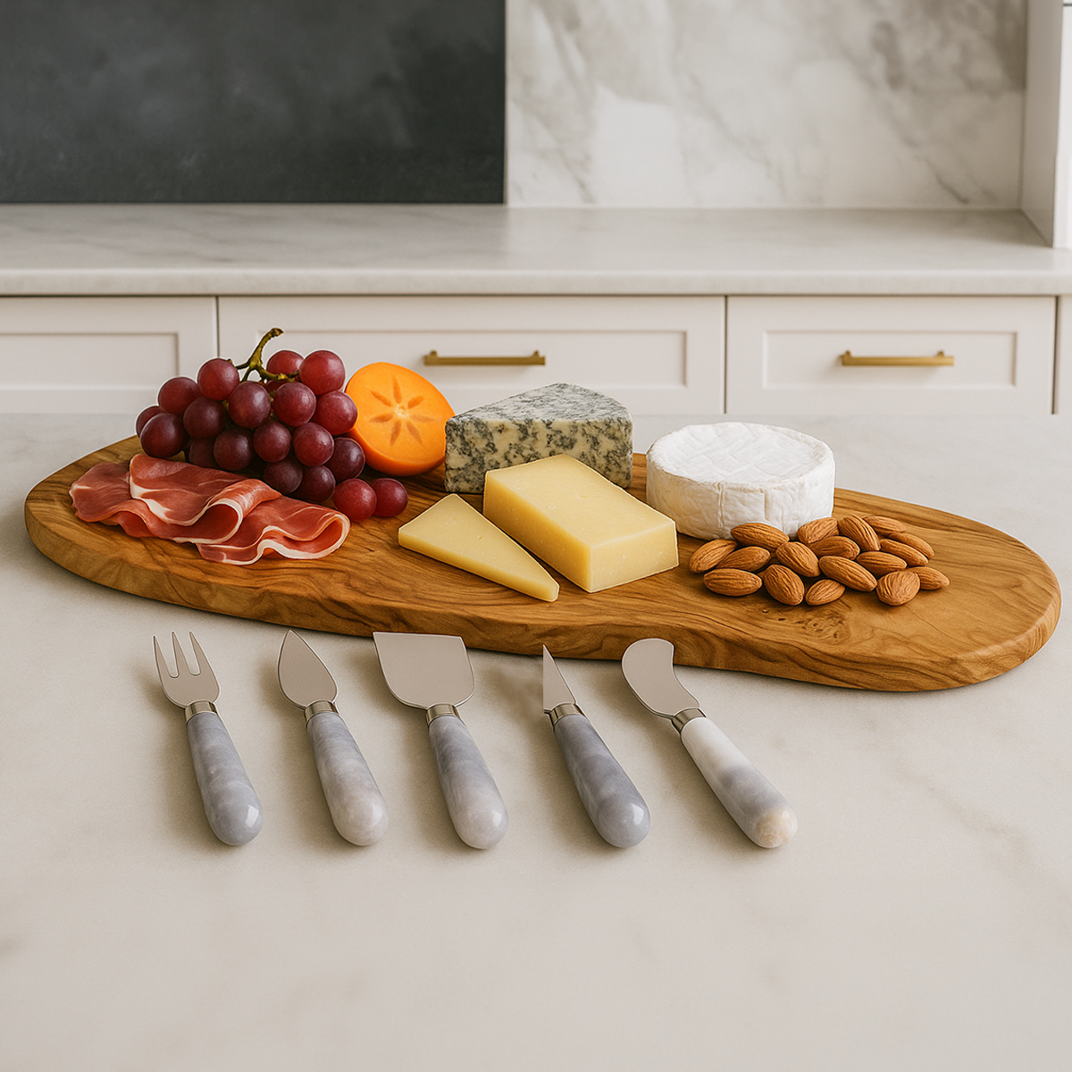 Set Of Five Petrified Wood Cheese Knives