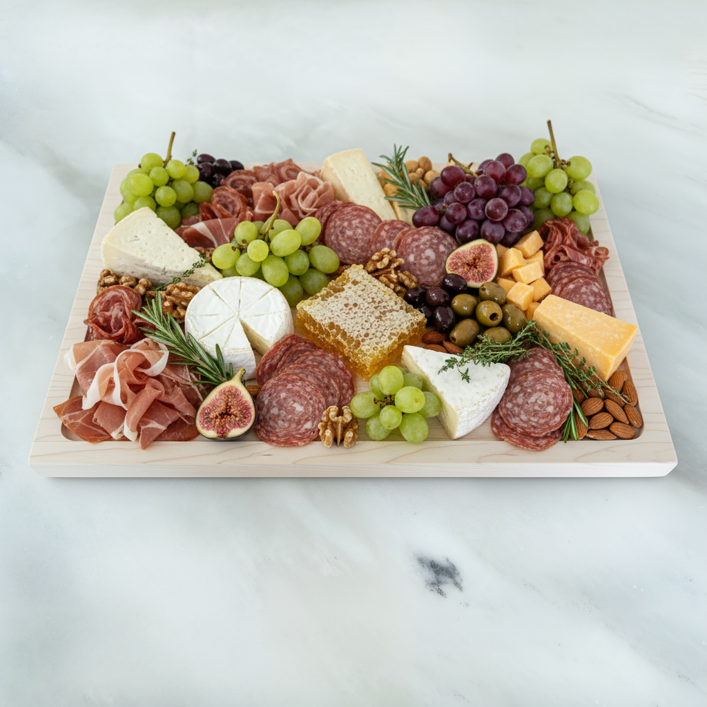 Wooden tray on a marble surface