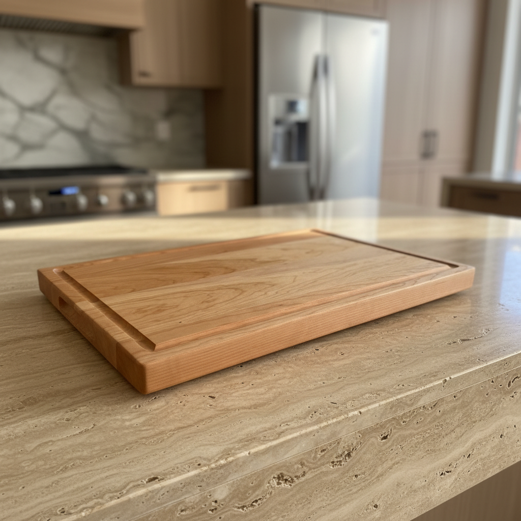 A rectangular wooden cutting board with a raised rim, displayed diagonally on a gray stone tile surface.