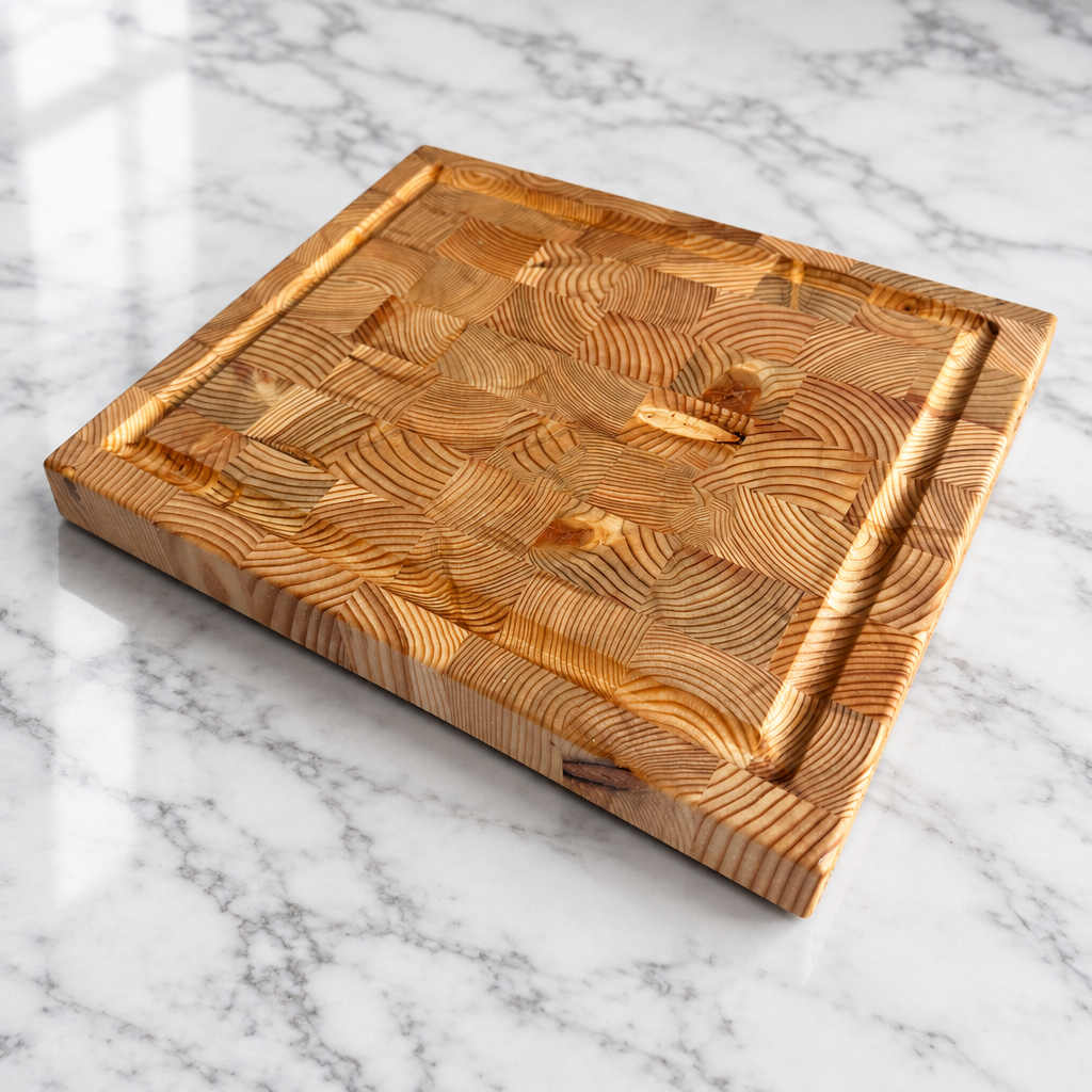 A square wooden cutting board with a decorative segmented wood grain pattern and raised rim, photographed on a light gray tiled floor.