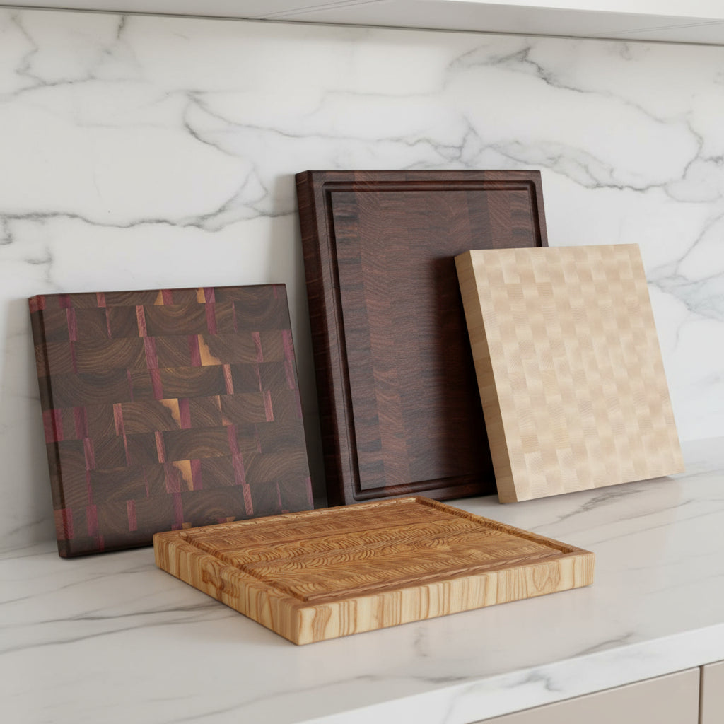 Four wooden cutting boards with different patterns on a white background