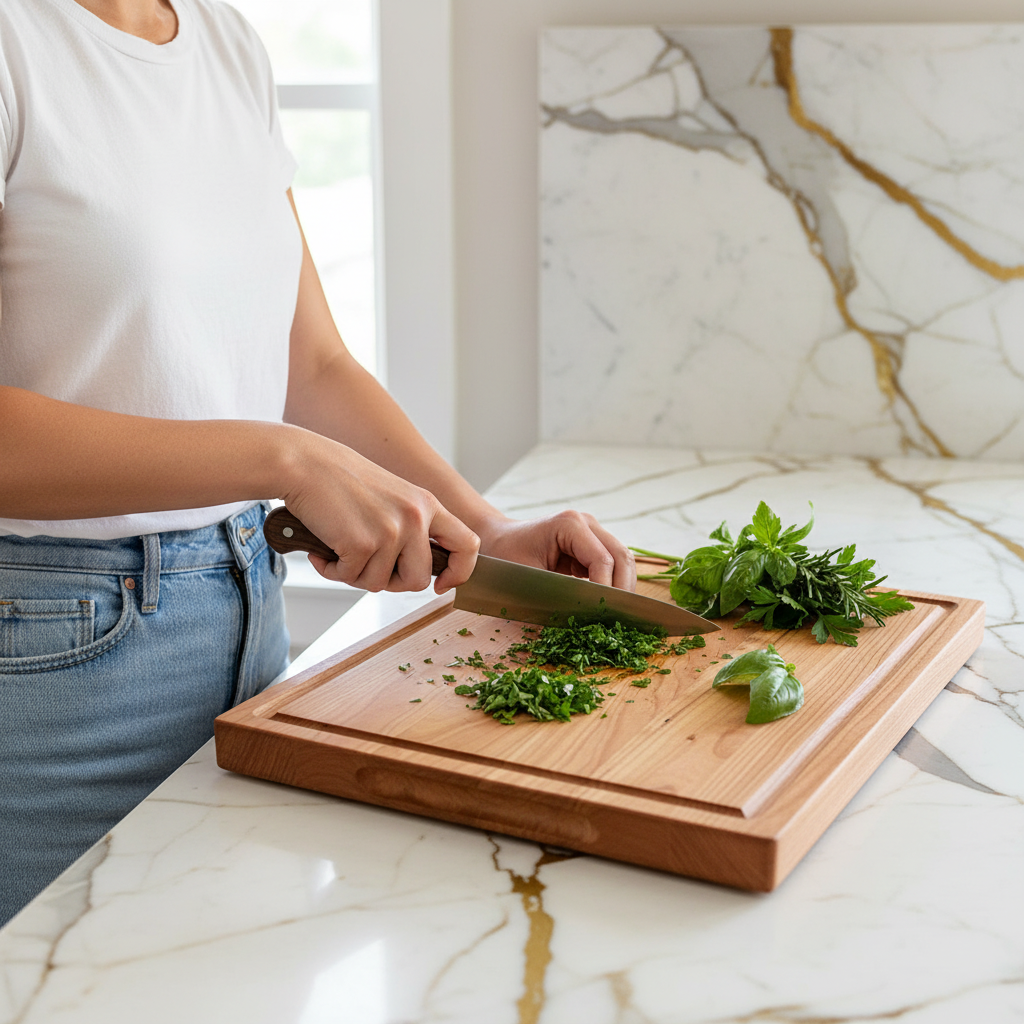 Wooden cutting board on a light gray surface