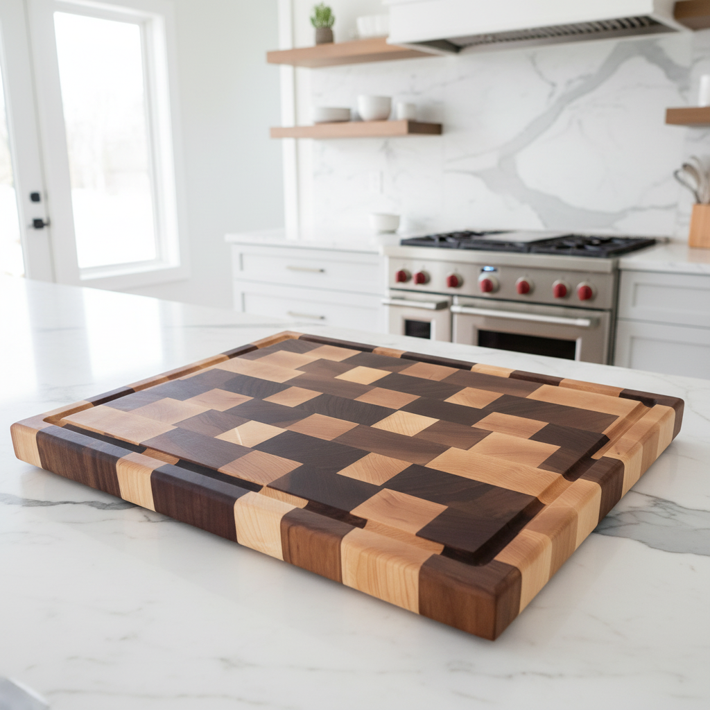 Wooden cutting board with a checkered pattern on a white marble surface