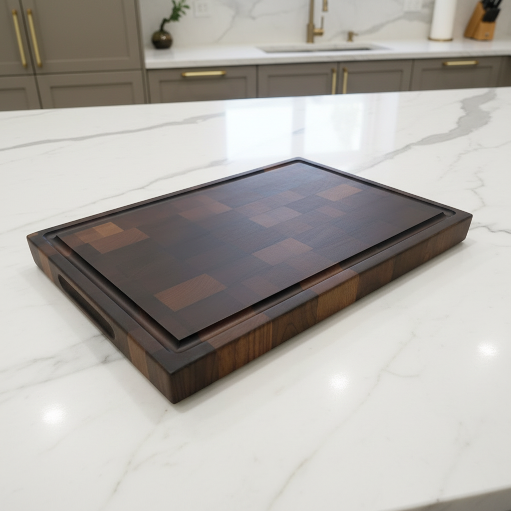A rectangular wooden cutting board with a dark brown and medium brown block pattern on the top, shown on a light gray marble surface.