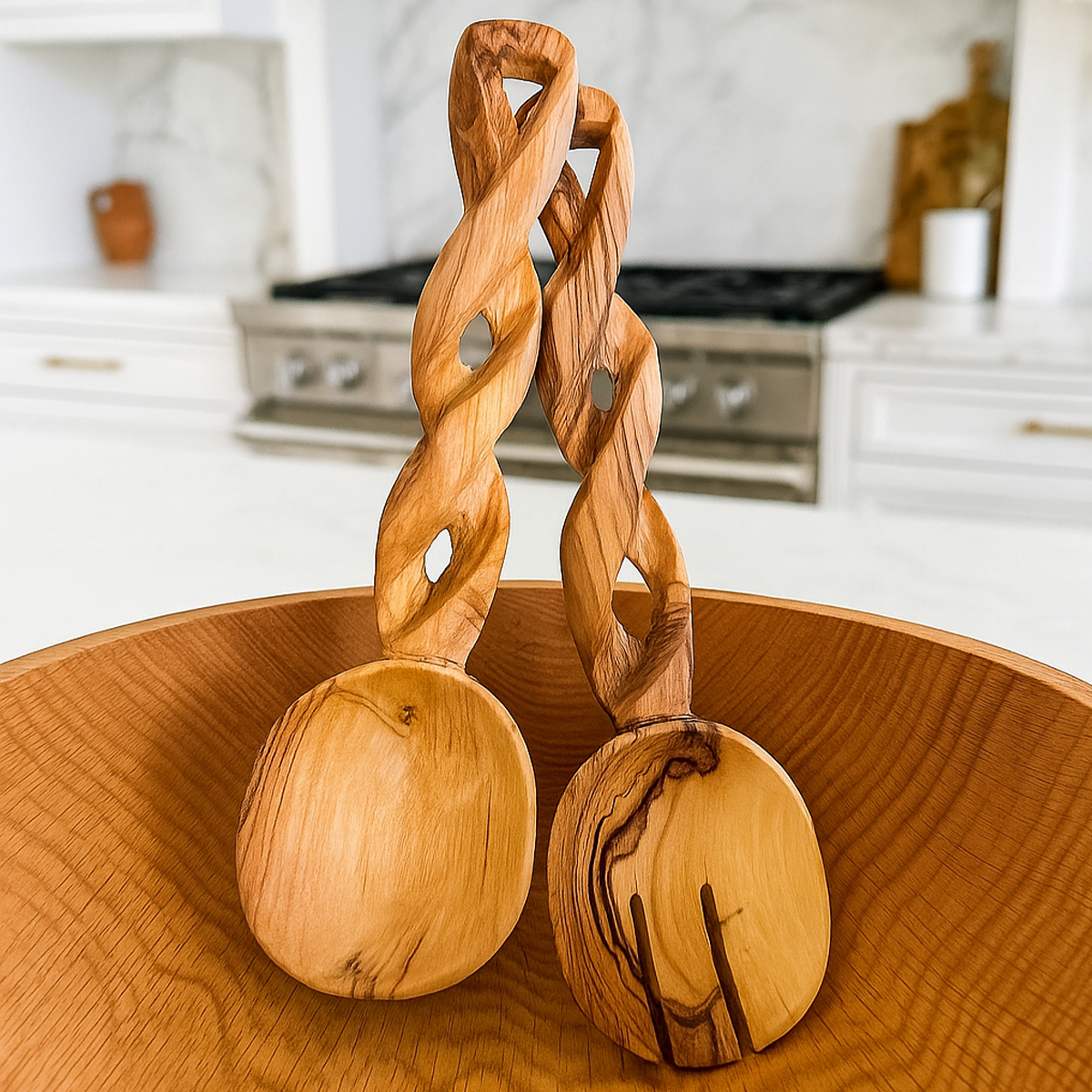 Pair Of Twisted Olive Wood Salad Servers