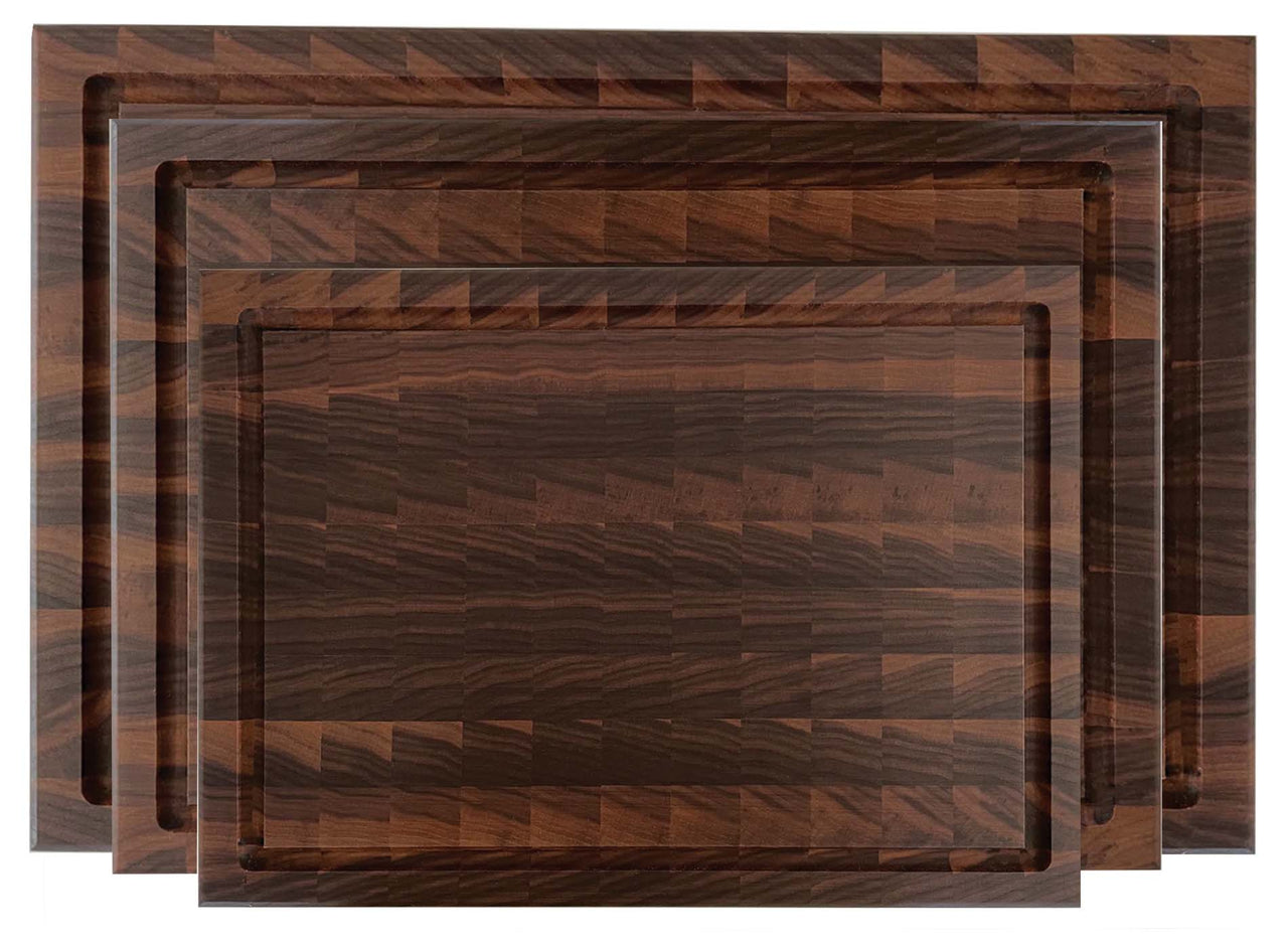 The Hawthorne set of 3 walnut end grain cutting boards is a best seller. The boards feature an arrowhead pattern providing an attractive and functional surface to cut and chop on. The end grain construction is gentle on knives and makes The Hawthorne a favourite among chefs. A staple kitchen accessory.