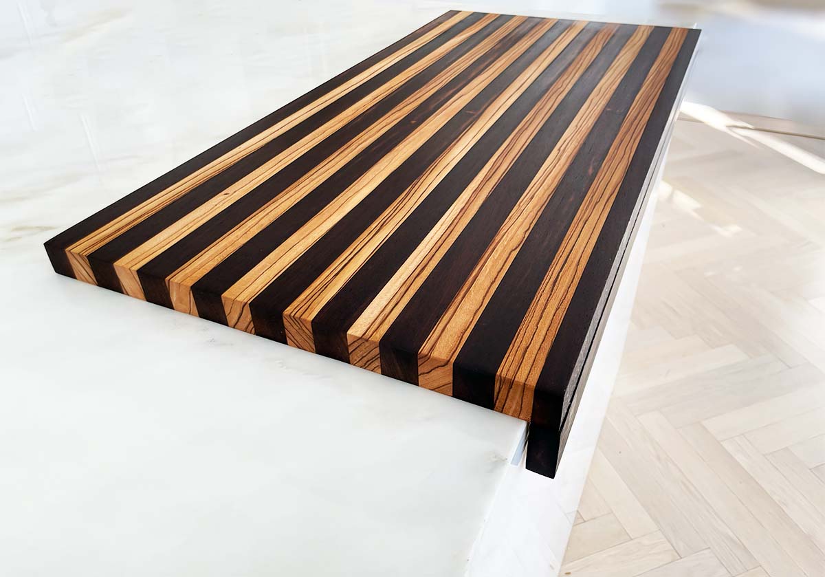 Zebrawood + Wenge Wood Over The Counter Edge Grain Cutting Board "The Deer Park Crescent"